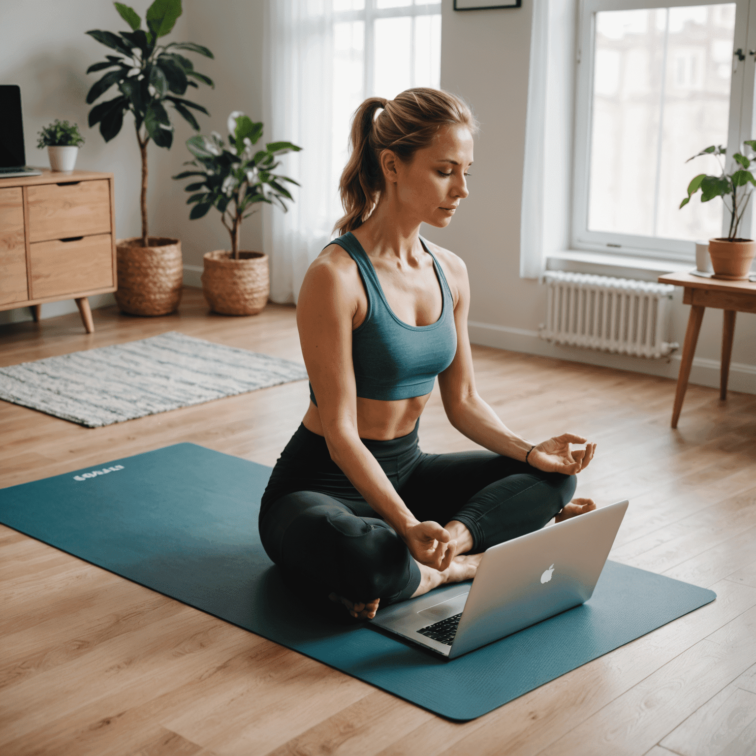 Eine Person, die zu Hause Yoga-Übungen macht, mit einer Yogamatte auf dem Boden und einem Laptop für Online-Anleitung