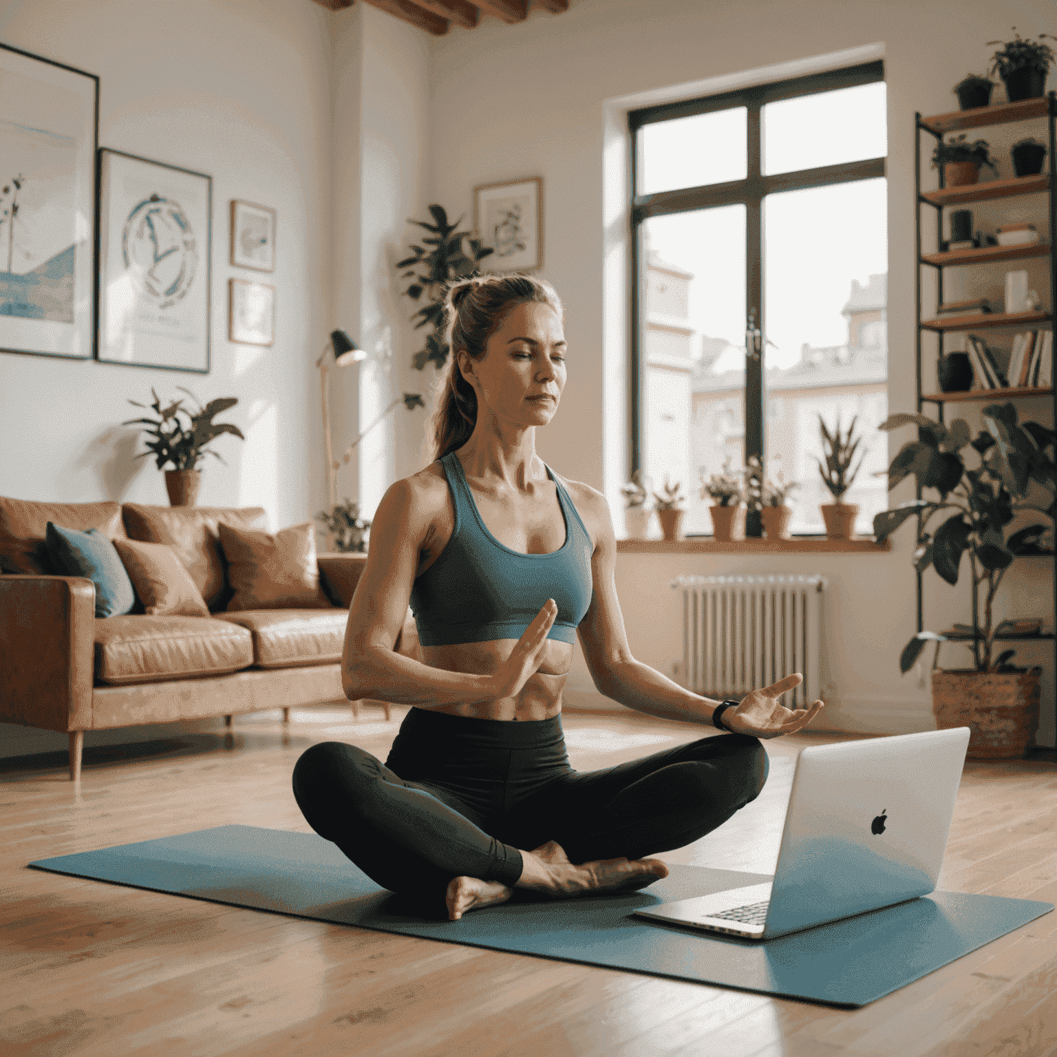 Eine Frau macht Yoga-Übungen in ihrem Wohnzimmer, während sie auf einem Laptop ein Online-Fitness-Video ansieht