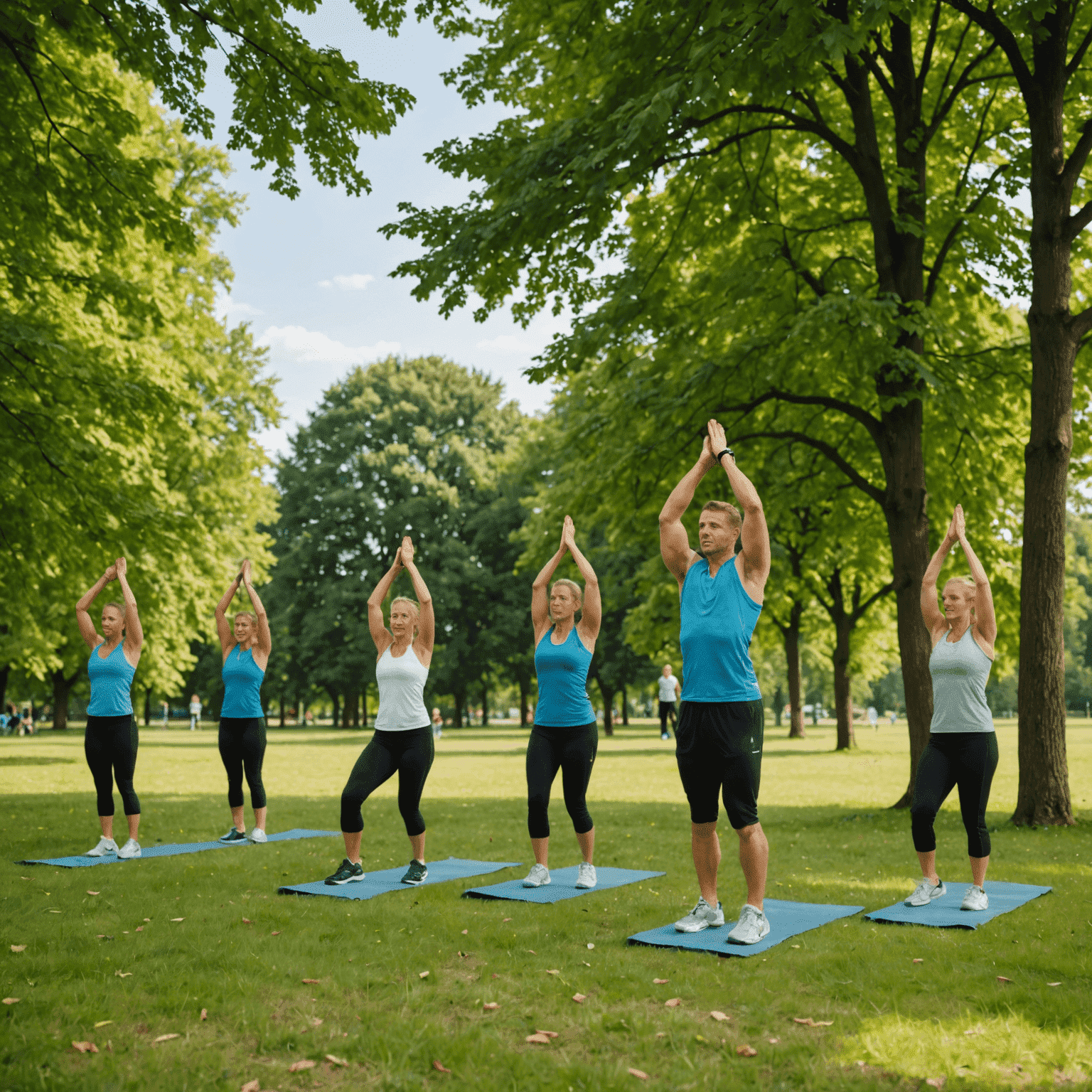 Eine Gruppe von Menschen, die Bodyweight-Übungen in einem Park in Mitwitz durchführen. Im Hintergrund sind Bäume und der Himmel zu sehen.