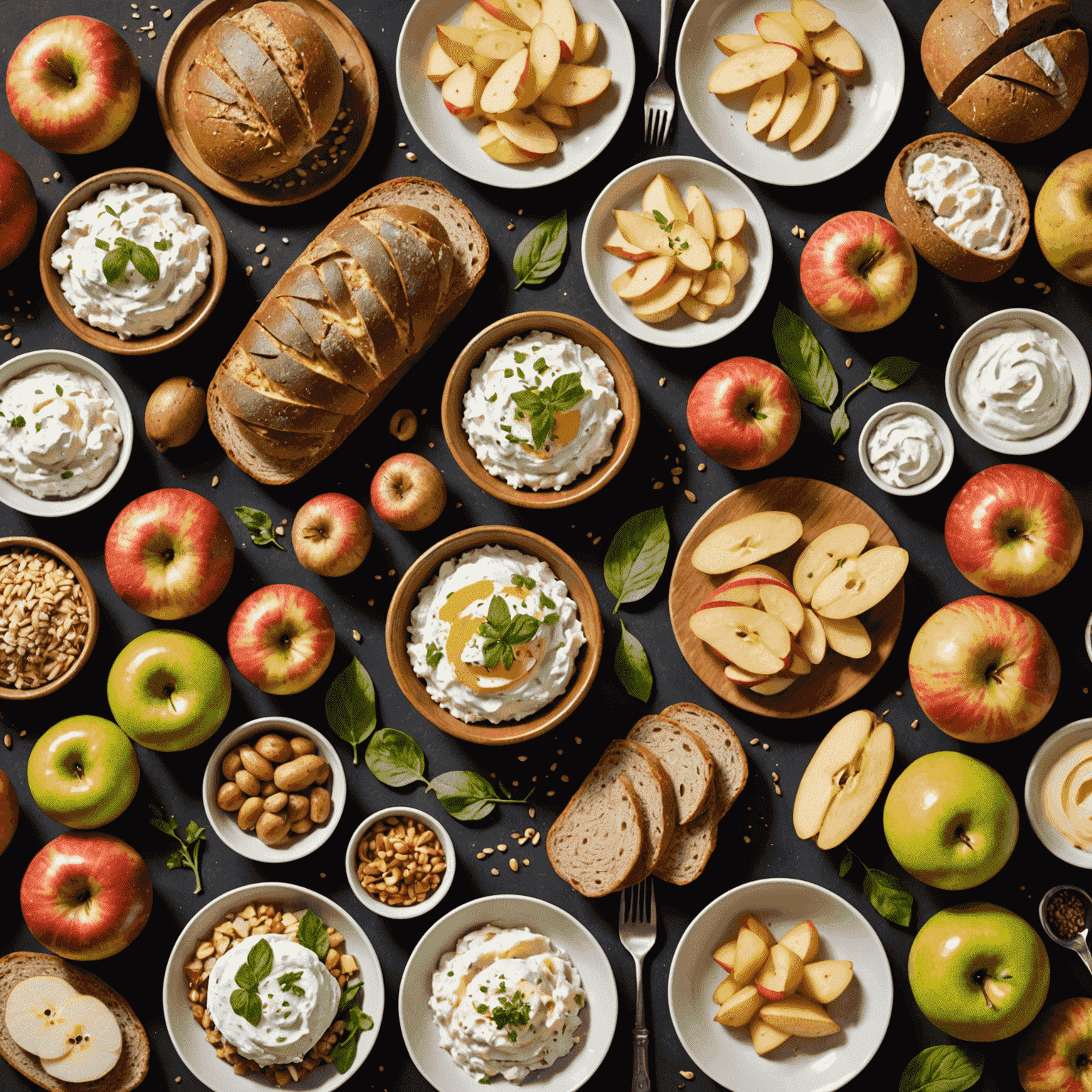 Eine Collage von gesunden Lebensmitteln, die typisch für die deutsche Küche sind, darunter Vollkornbrot, Quark, Äpfel und Kartoffeln