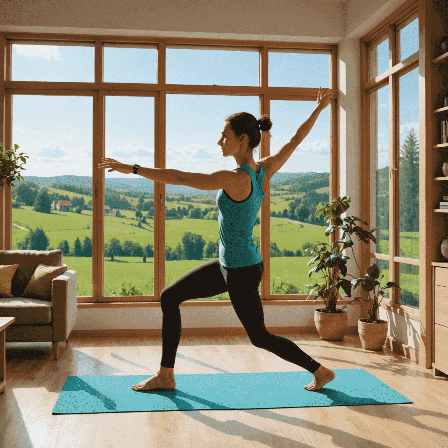 Eine Person führt Dehnübungen im Wohnzimmer aus. Im Hintergrund sieht man ein großes Fenster mit Blick auf die grüne Landschaft von Mitwitz.