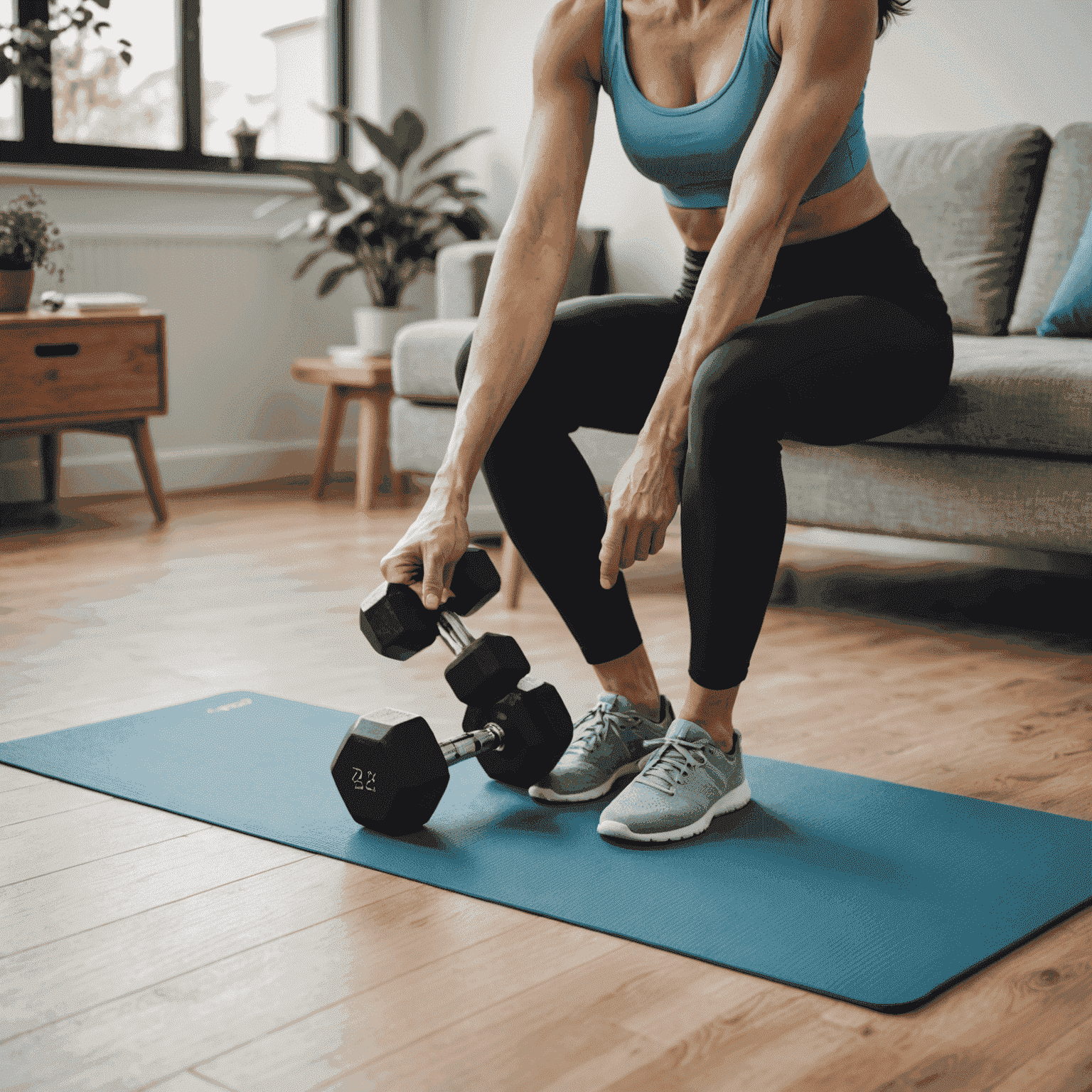 Eine Person, die zu Hause Dehnübungen macht, mit einfachen Fitnessgeräten wie Hanteln und einer Yogamatte im Hintergrund