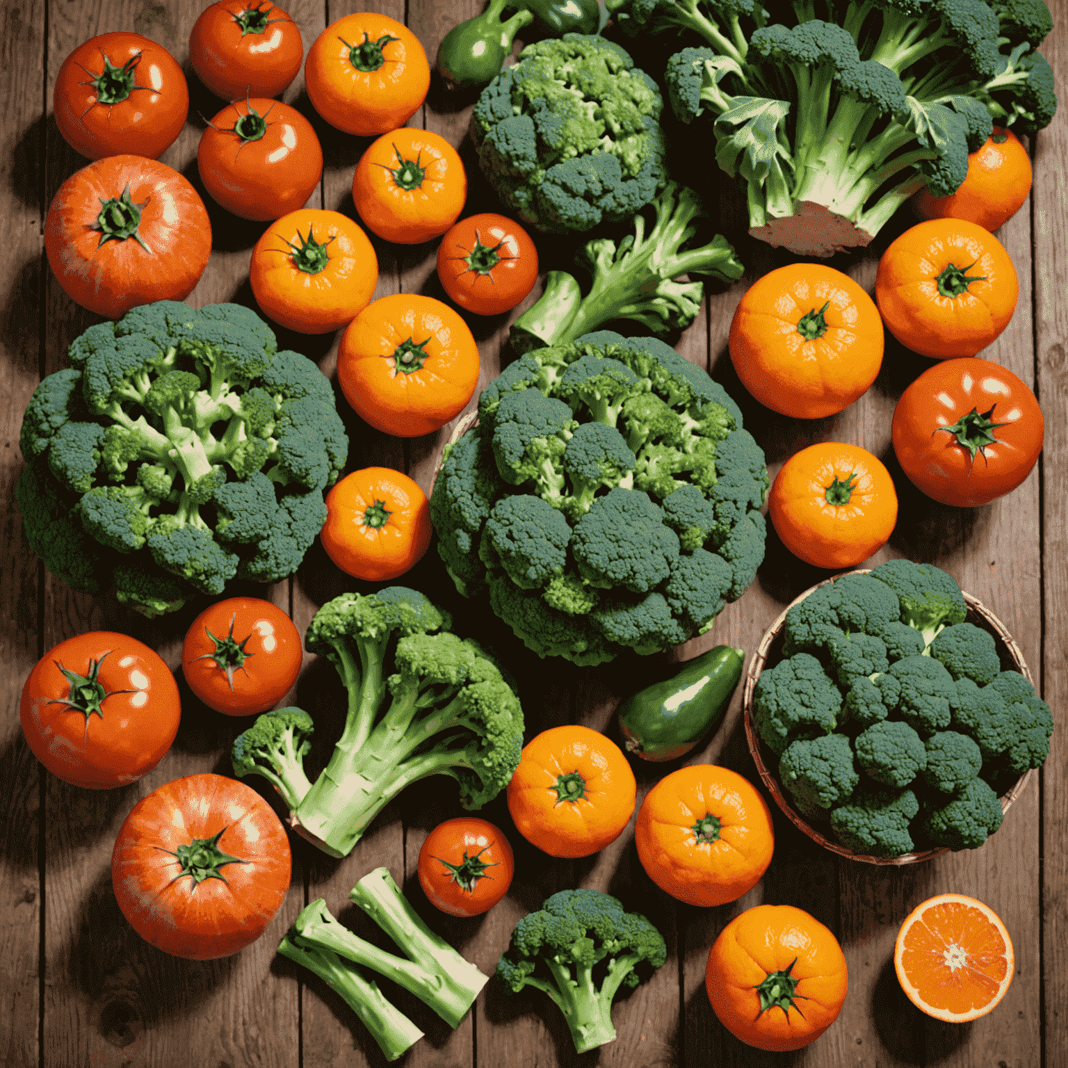 Eine Auswahl an buntem Gemüse und Obst auf einem Holztisch, darunter Brokkoli, Tomaten, Äpfel und Orangen