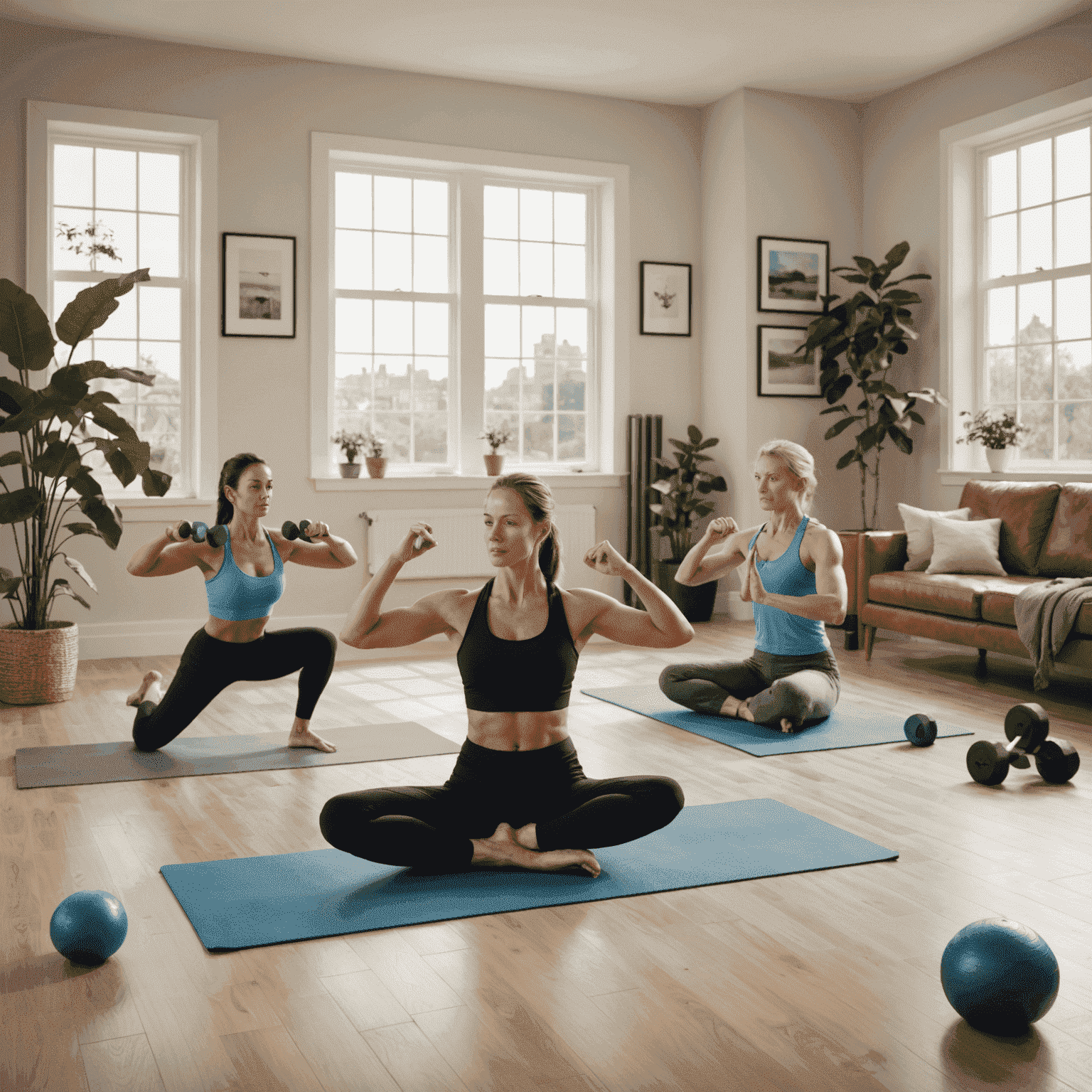 Bild von Menschen, die verschiedene Heimübungen machen, wie Yoga, Gewichtheben und Cardio-Training