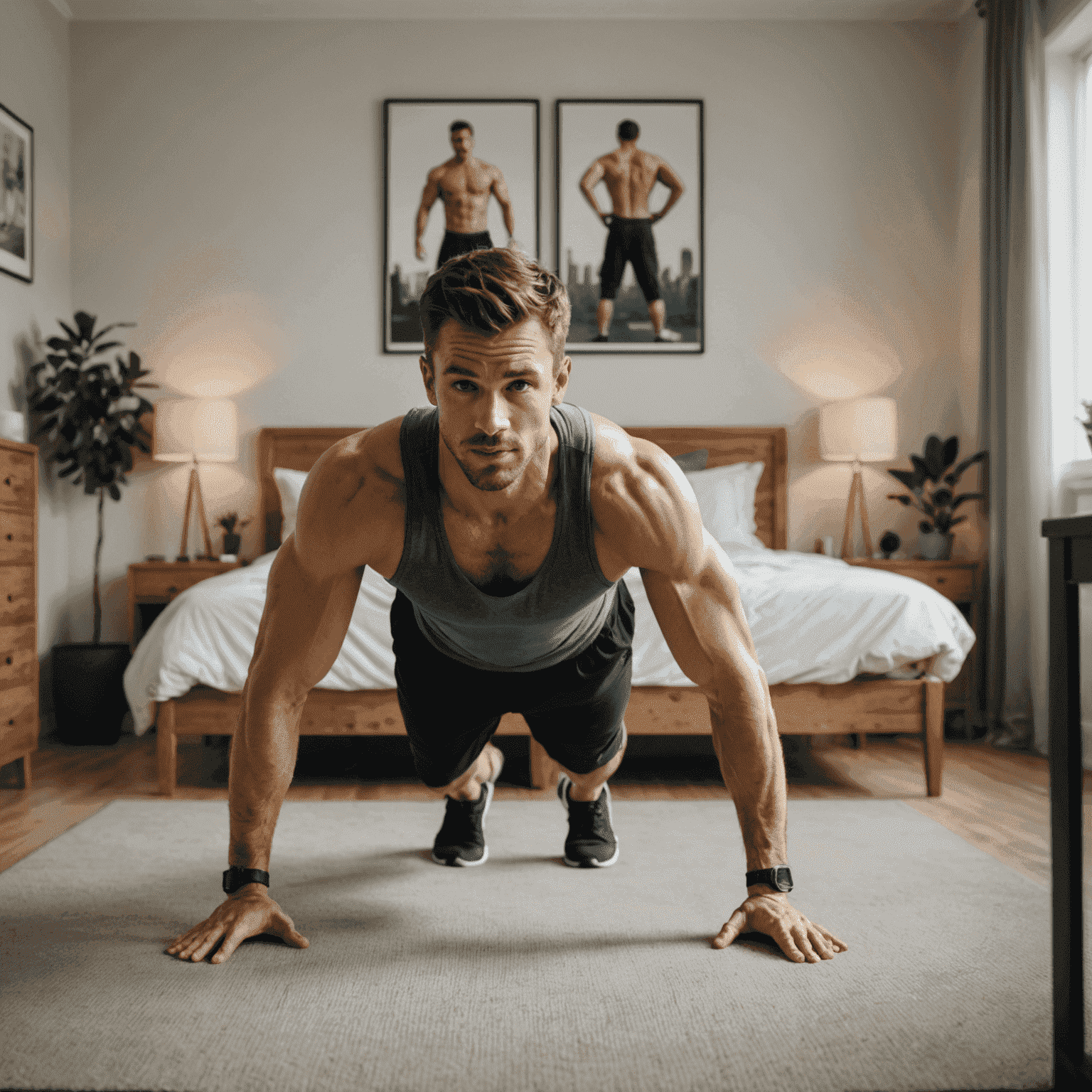 Ein Mann führt in seinem Schlafzimmer Liegestütze aus, im Hintergrund sieht man ein Poster mit verschiedenen Bodyweight-Übungen