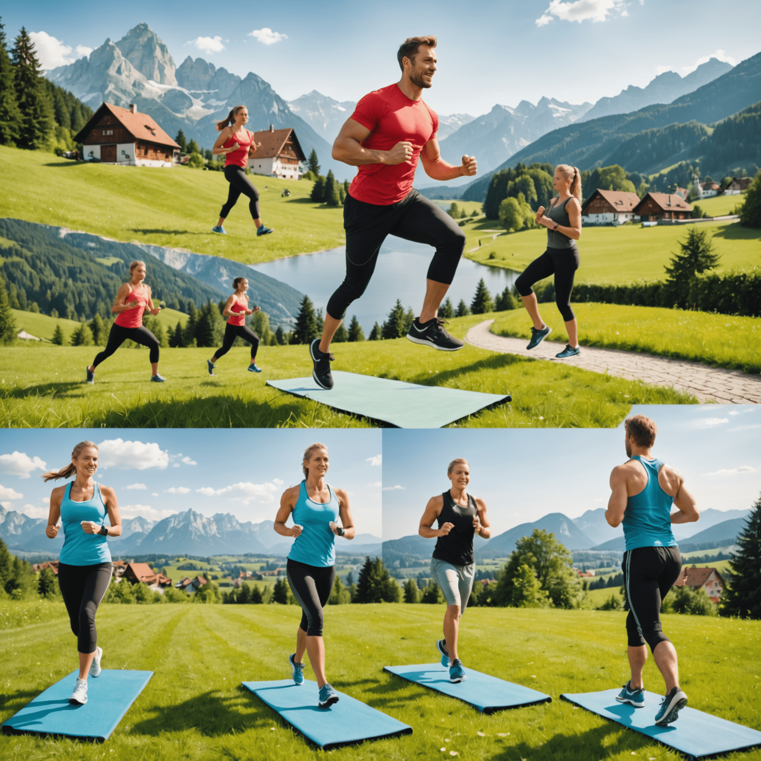 Collage von verschiedenen Personen, die zu Hause Fitnessübungen machen, mit typisch bayerischer Landschaft im Hintergrund