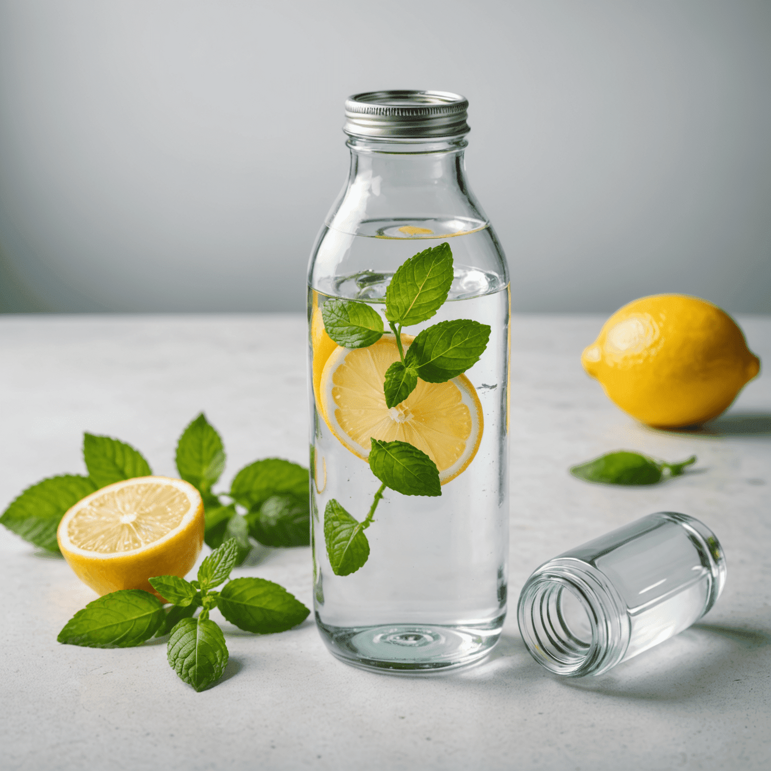 Ein Glas Wasser mit Zitronenscheiben und Minzblättern neben einer Wasserflasche auf einem hellen Hintergrund