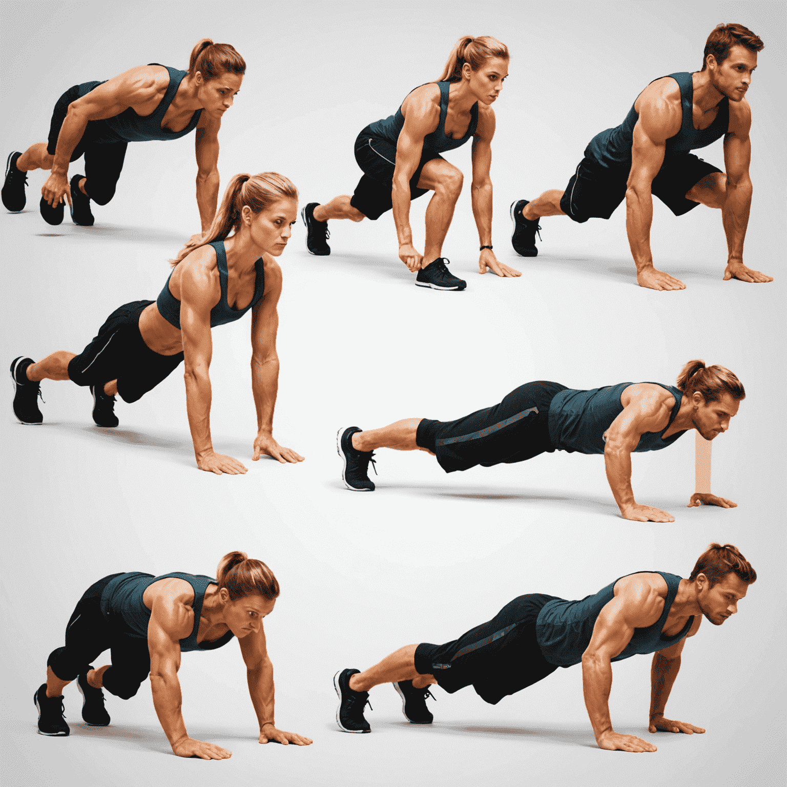 Personen, die Bodyweight-Übungen wie Liegestütze, Kniebeugen und Planks demonstrieren