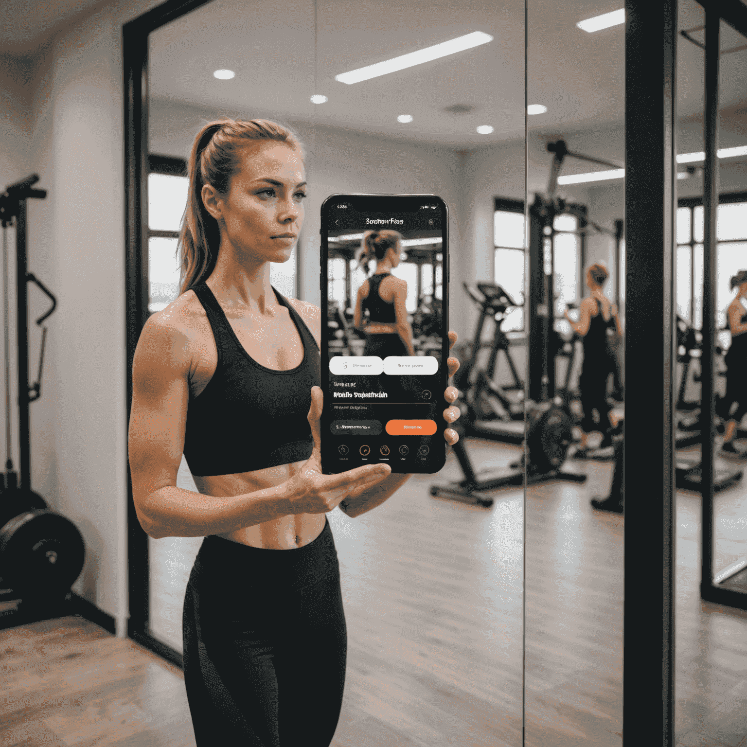 Eine Person benutzt eine Fitness-App auf ihrem Smartphone, während sie vor einem großen Spiegel mit integriertem Display steht, der ein Workout-Programm zeigt