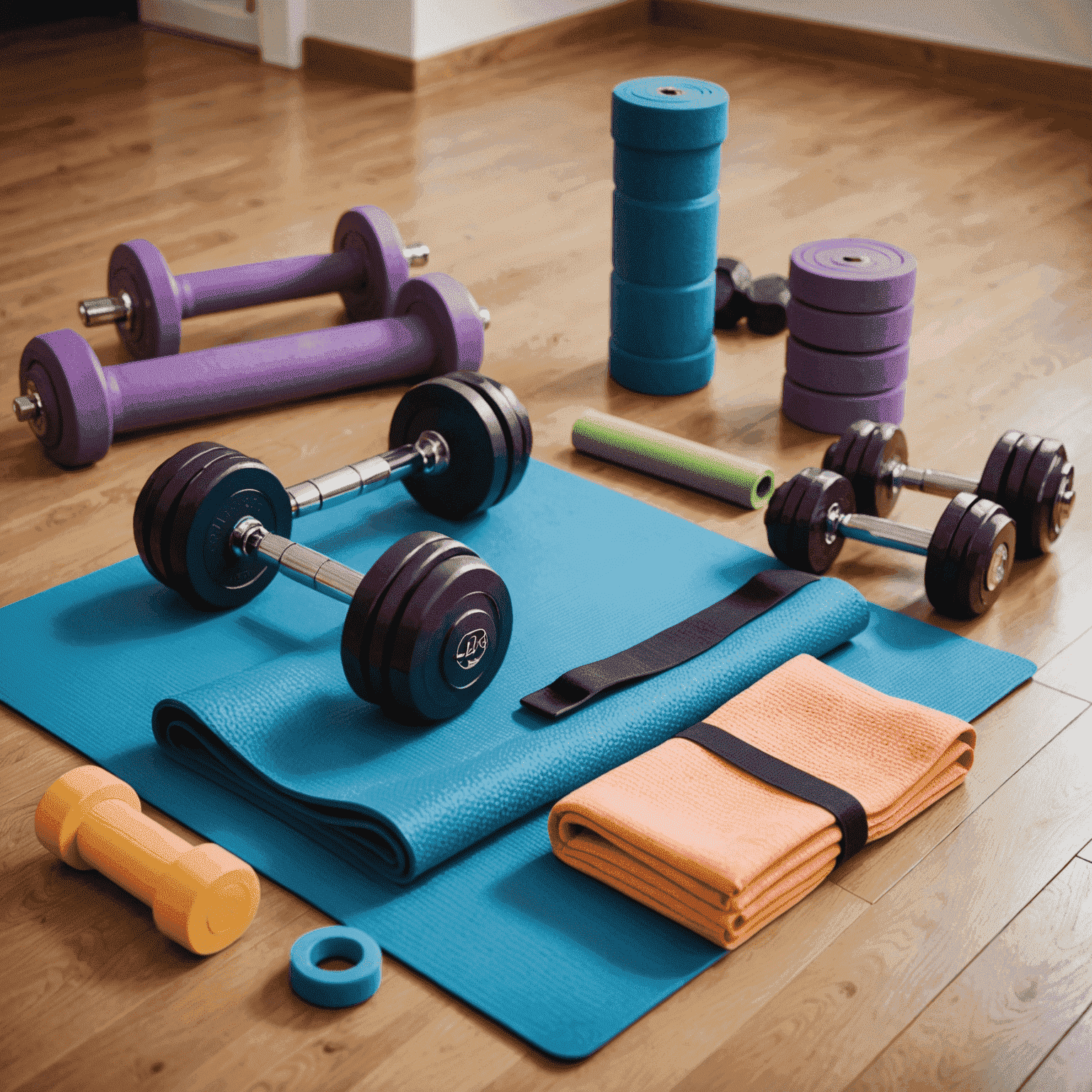 Verschiedene Heimtrainingsgeräte wie Hanteln, Widerstandsbänder und eine Yogamatte