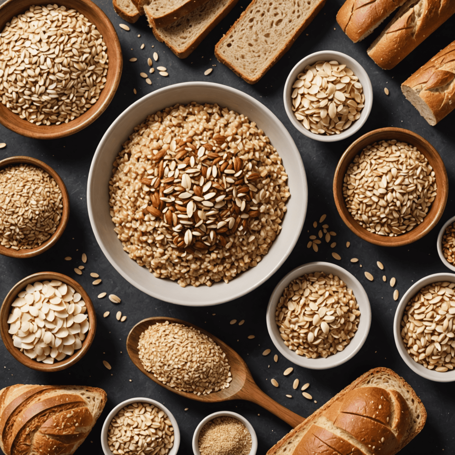 Eine Schüssel mit verschiedenen Vollkornprodukten wie Haferflocken, Quinoa und Vollkornbrot